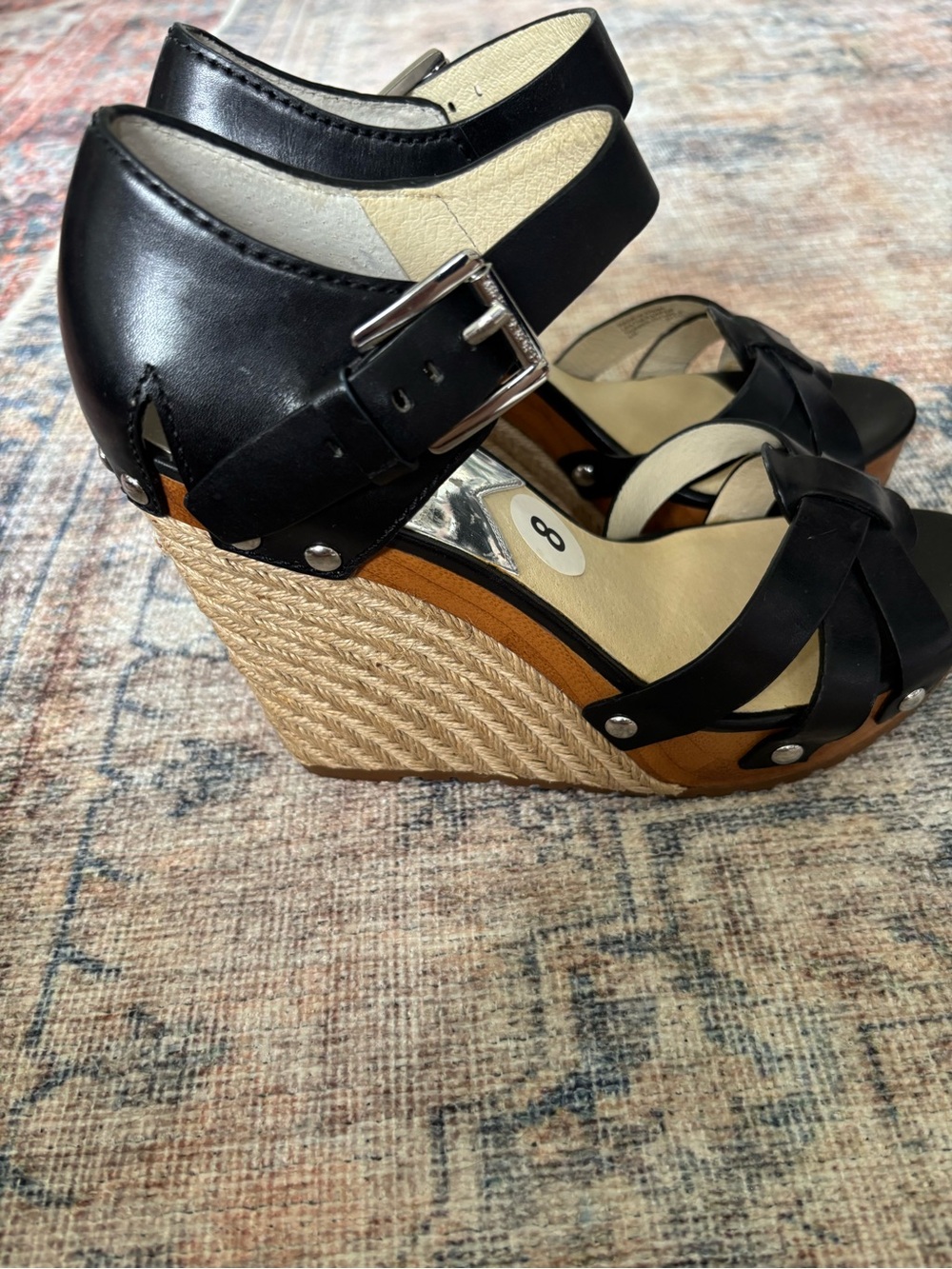 Michael Kors Black Leather Espadrille Wedge Sandals with Buckle - Picture 6 of 15